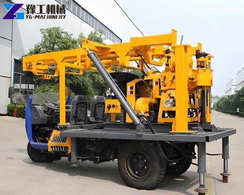 Three-wheeled water well drilling rig